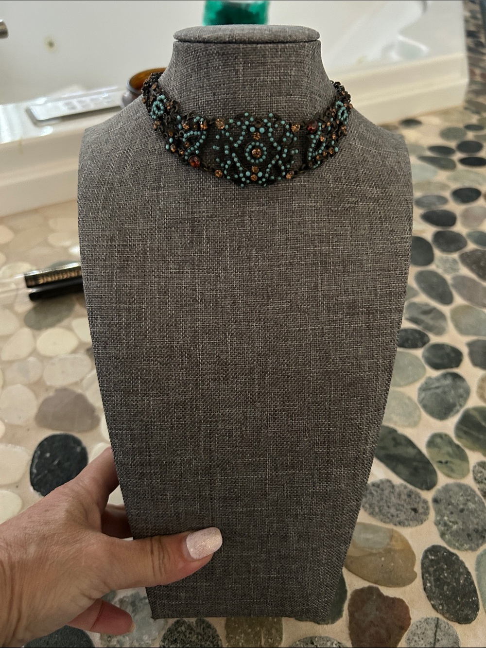 Turquoise and Brown Beaded Choker Necklace - Women's Fashion Jewelry